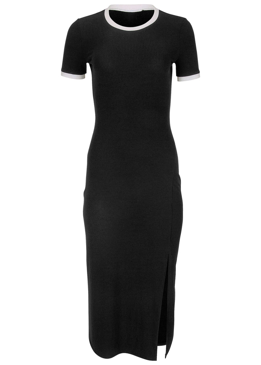 Ribbed Contrast Midi Dress - Jet Black