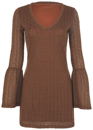 Bell Sleeve Pointelle Mini - Brown - thumbnail-4