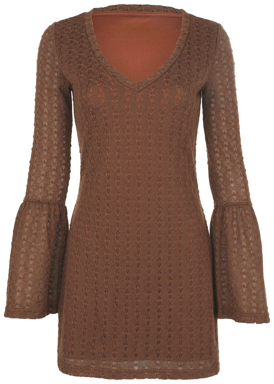 Bell Sleeve Pointelle Mini - Brown