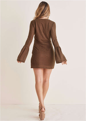 Bell Sleeve Pointelle Mini - Brown - thumbnail-3