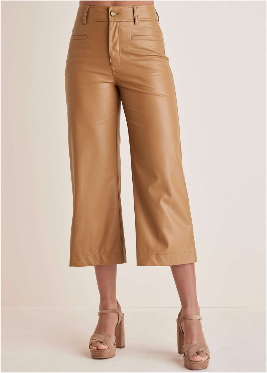 Wide Leg Faux-Leather Pants - Tobacco Brown