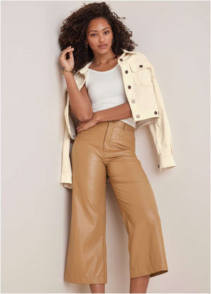 Wide Leg Faux-Leather Pants - Tobacco Brown - thumbnail-7