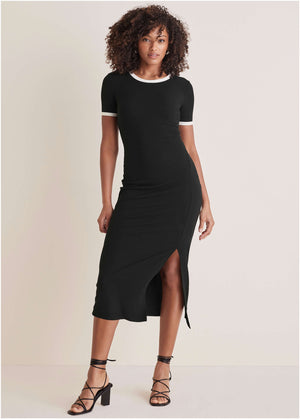 Ribbed Contrast Midi Dress - Jet Black - thumbnail-1