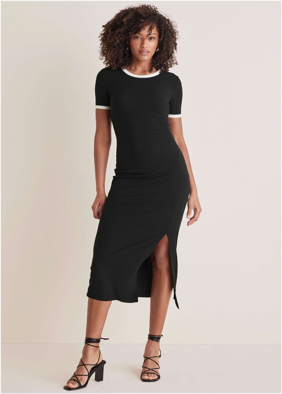 Ribbed Contrast Midi Dress - Jet Black