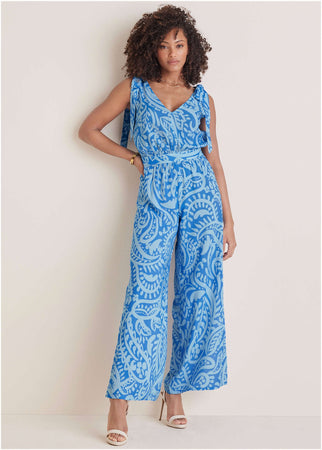 Tie Strap Wide Leg Jumpsuit Allover Spring Paisley