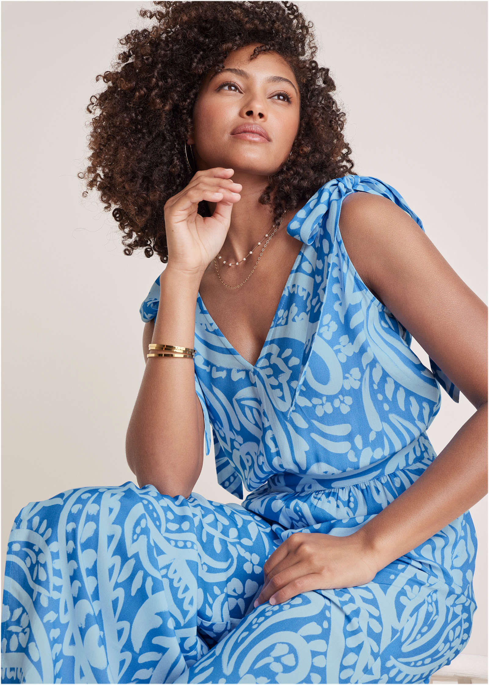 Tie-Strap Wide Leg Jumpsuit - Blue Allover Spring Paisley – VENUS