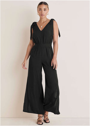 Tie-Strap Wide Leg Jumpsuit - Jet Black - thumbnail-2