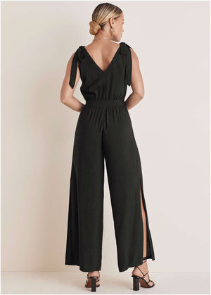 Tie-Strap Wide Leg Jumpsuit - Jet Black - thumbnail-3