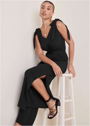 Tie-Strap Wide Leg Jumpsuit - Jet Black - thumbnail-1