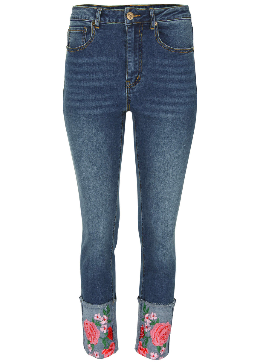 Embroidered Crop Jean - Medium Wash