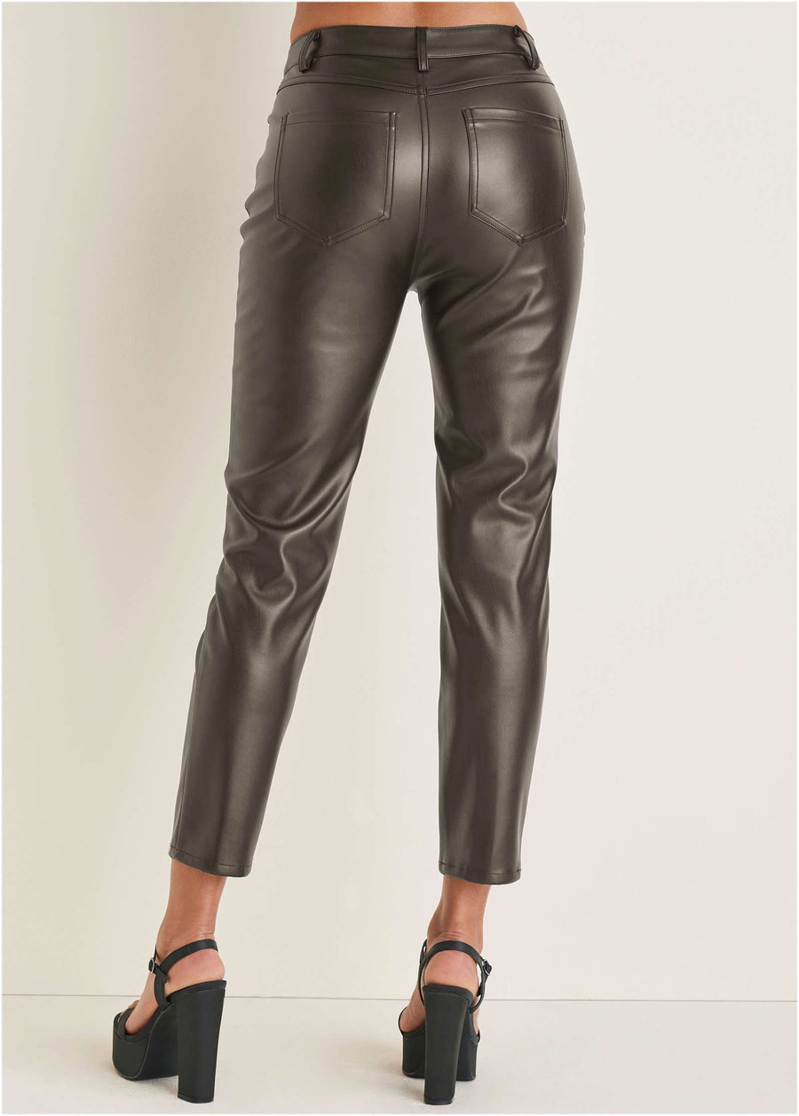 Faux Leather Straight Pants - Brown