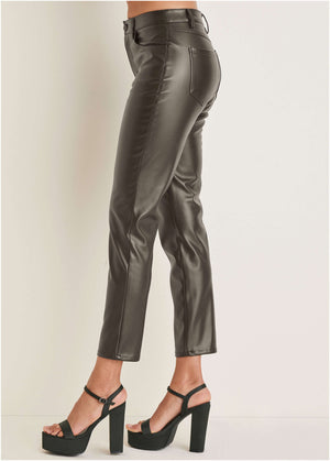 Faux Leather Straight Pants - Brown - thumbnail-5