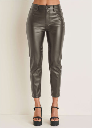 Faux Leather Straight Pants - Brown - thumbnail-3