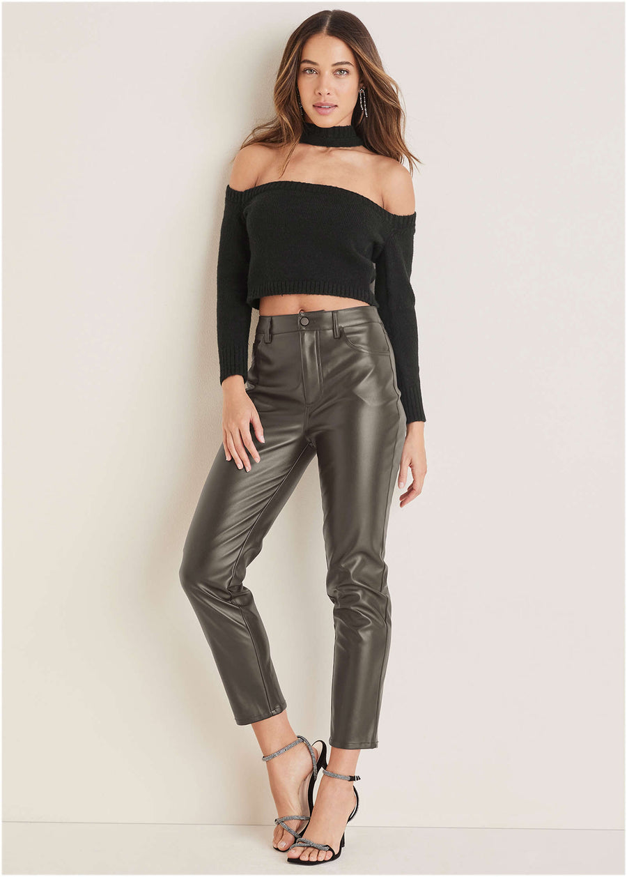 Faux Leather Straight Pants - Brown