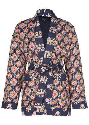 Quilted Jacket With Tie - Blue & Pink - thumbnail-5