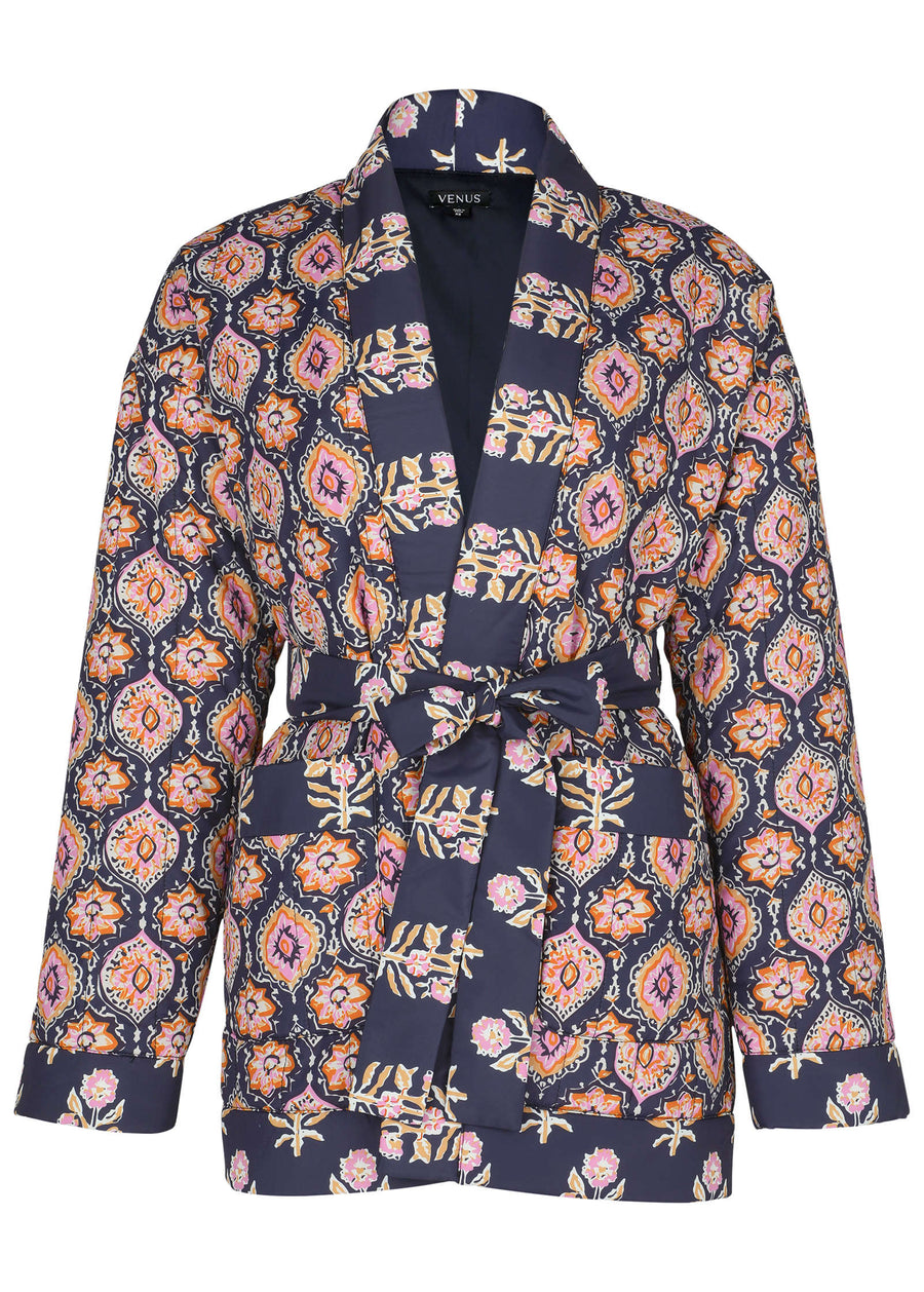 Quilted Jacket With Tie - Blue & Pink