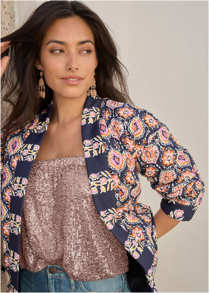 Quilted Jacket With Tie - Blue & Pink