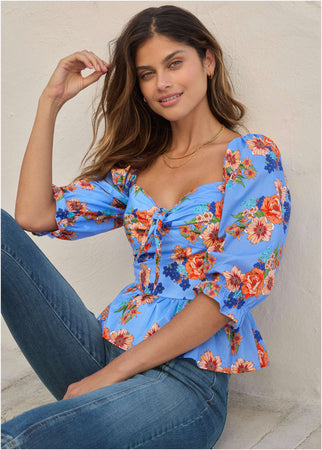 Peplum Sweetheart Top Voyage Bouquet Border Floral