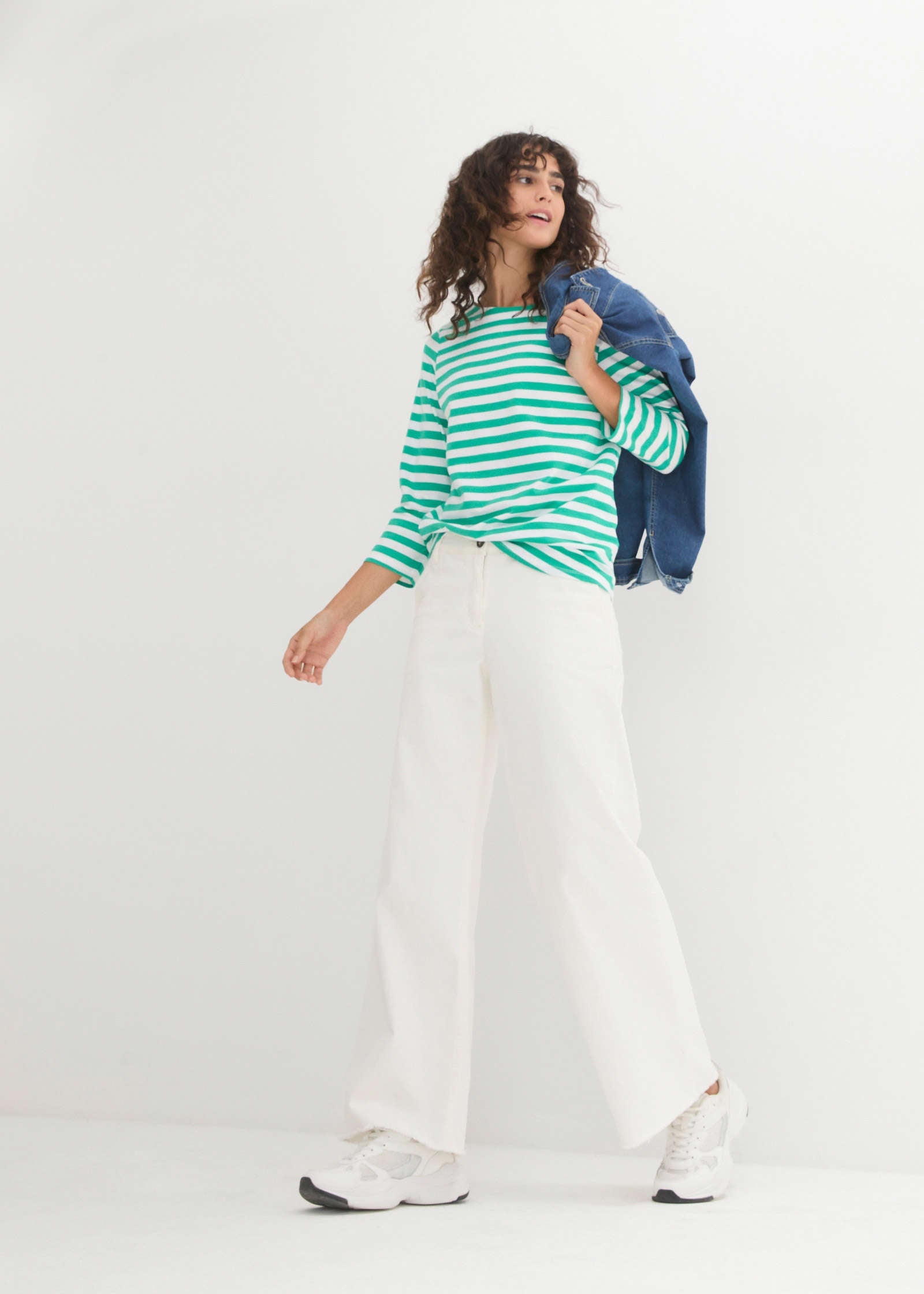 Boat Neck Striped Top - White & Jade – VENUS