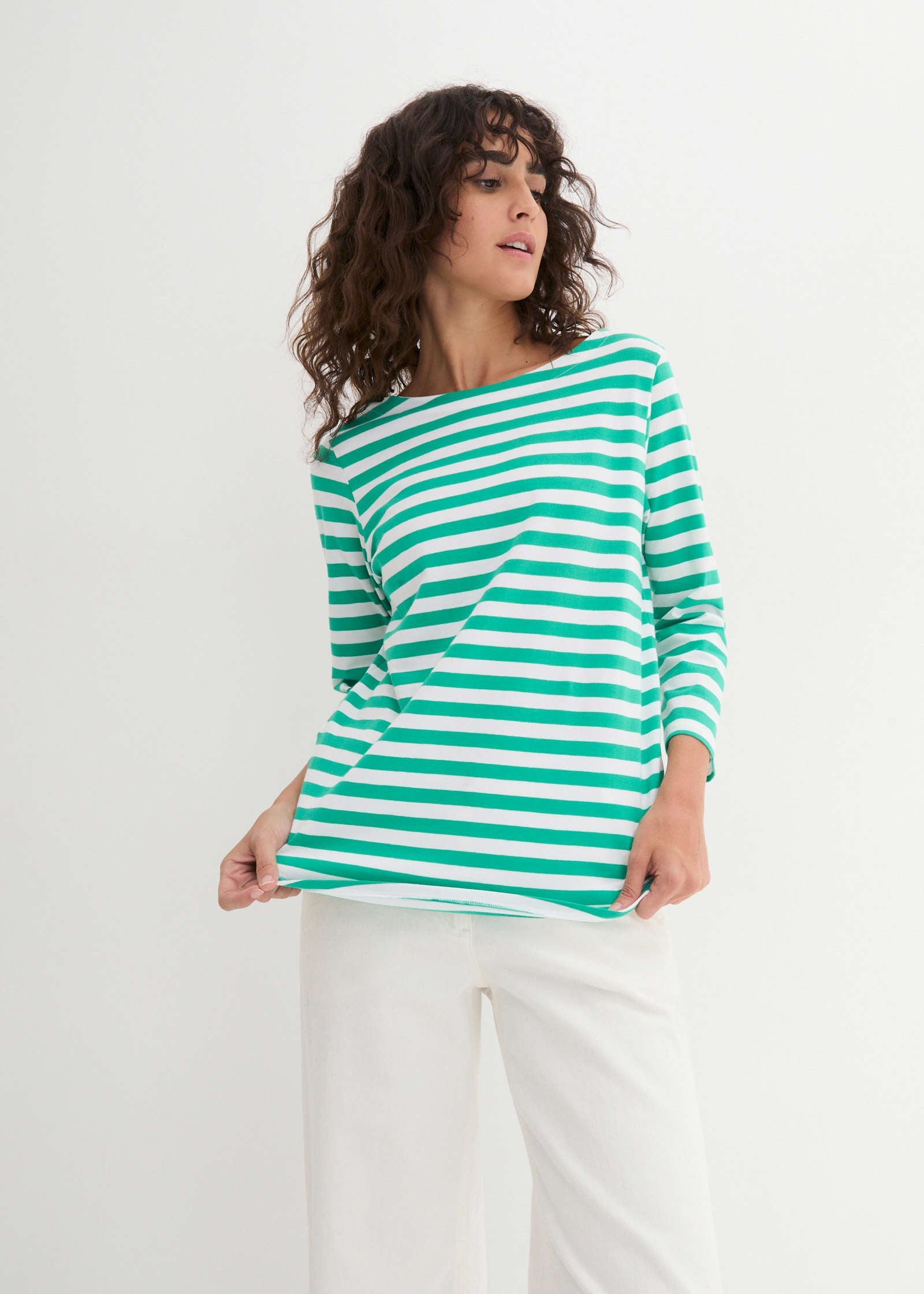 Boat Neck Striped Top - White & Jade – VENUS