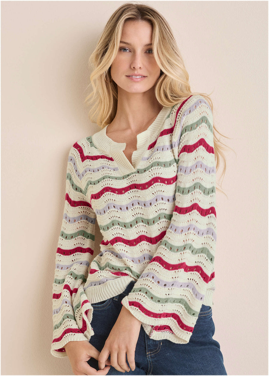 Stripe Pointelle Sweater - Grey Multi