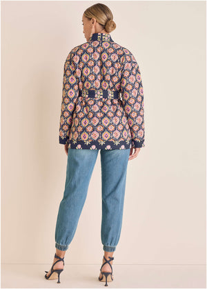 Quilted Jacket With Tie - Blue & Pink - thumbnail-4