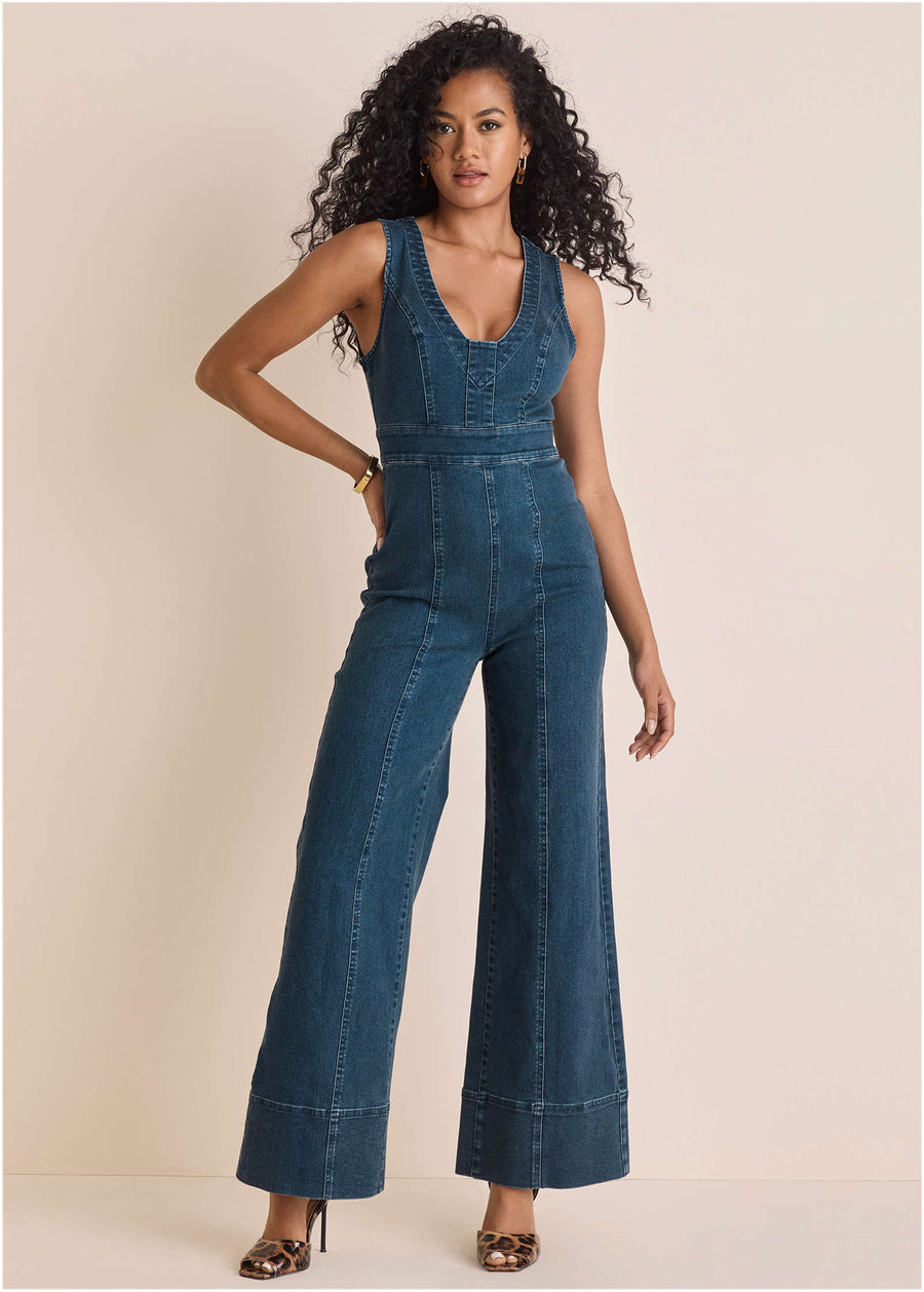 Stretch Denim Jumpsuit - Medium Wash