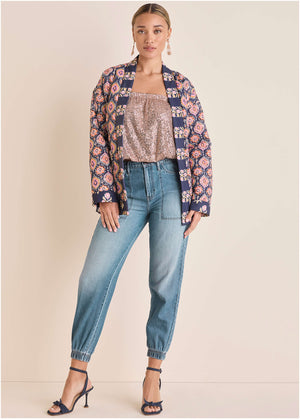 Quilted Jacket With Tie - Blue & Pink - thumbnail-3