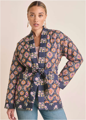 Quilted Jacket With Tie - Blue & Pink - thumbnail-2