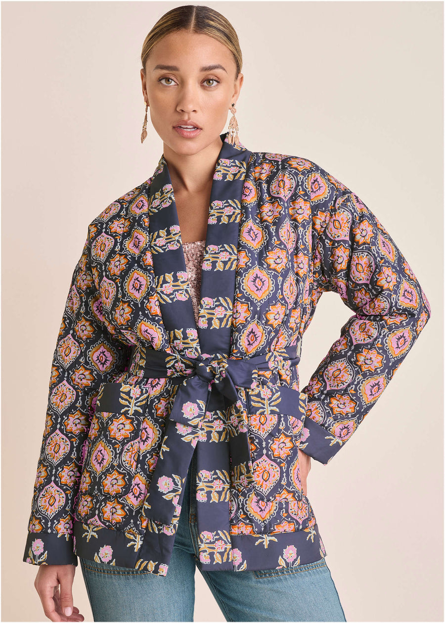 Quilted Jacket With Tie - Blue & Pink