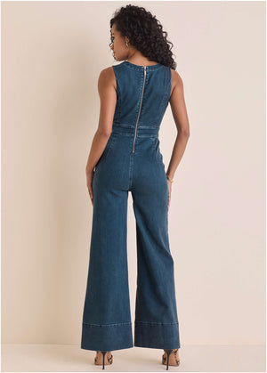Stretch Denim Jumpsuit - Medium Wash - thumbnail-3
