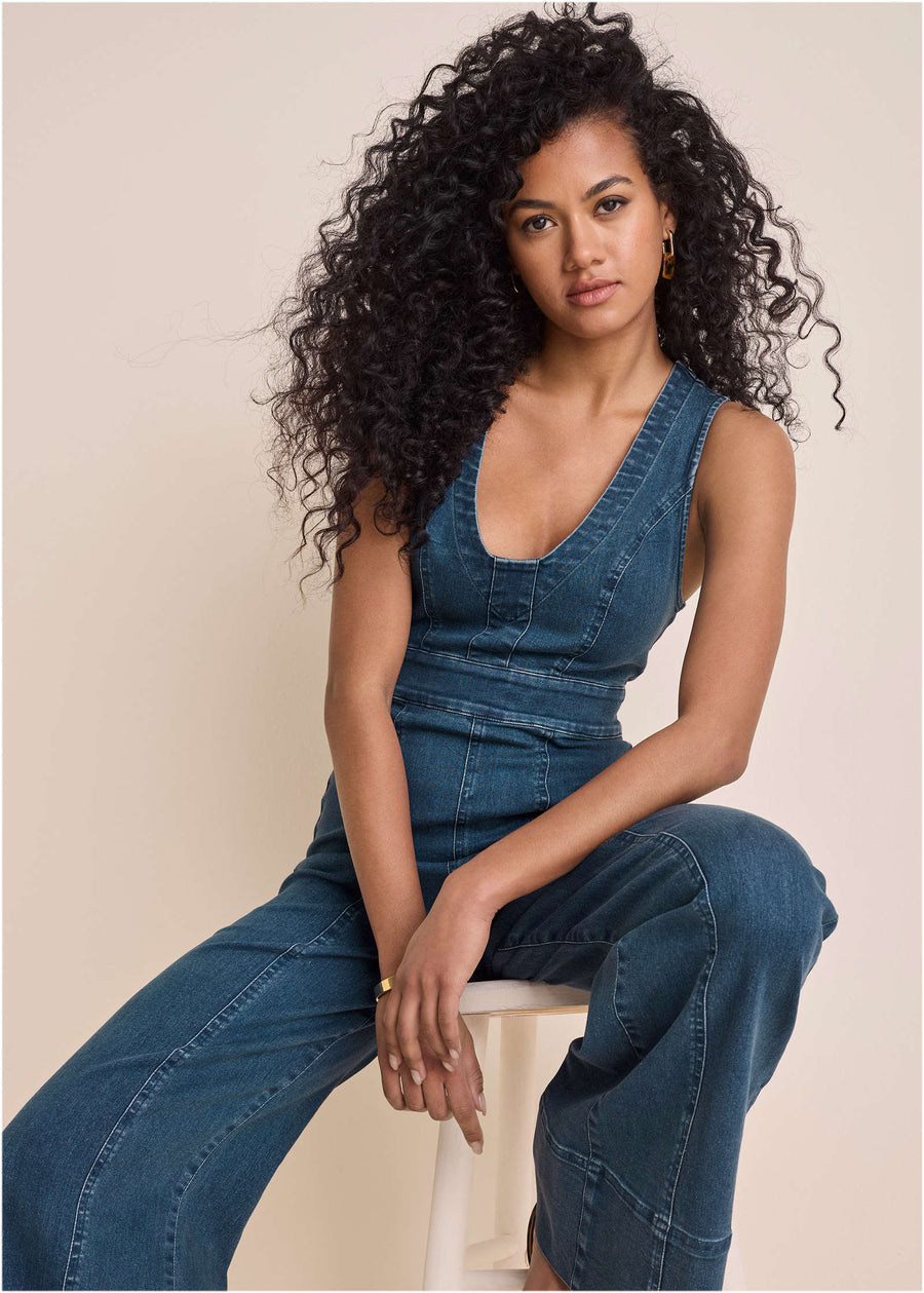 Stretch Denim Jumpsuit - Medium Wash