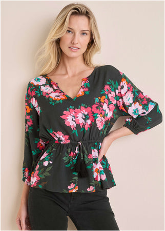 Tie Waist Blouson Top Crisp Bouquet