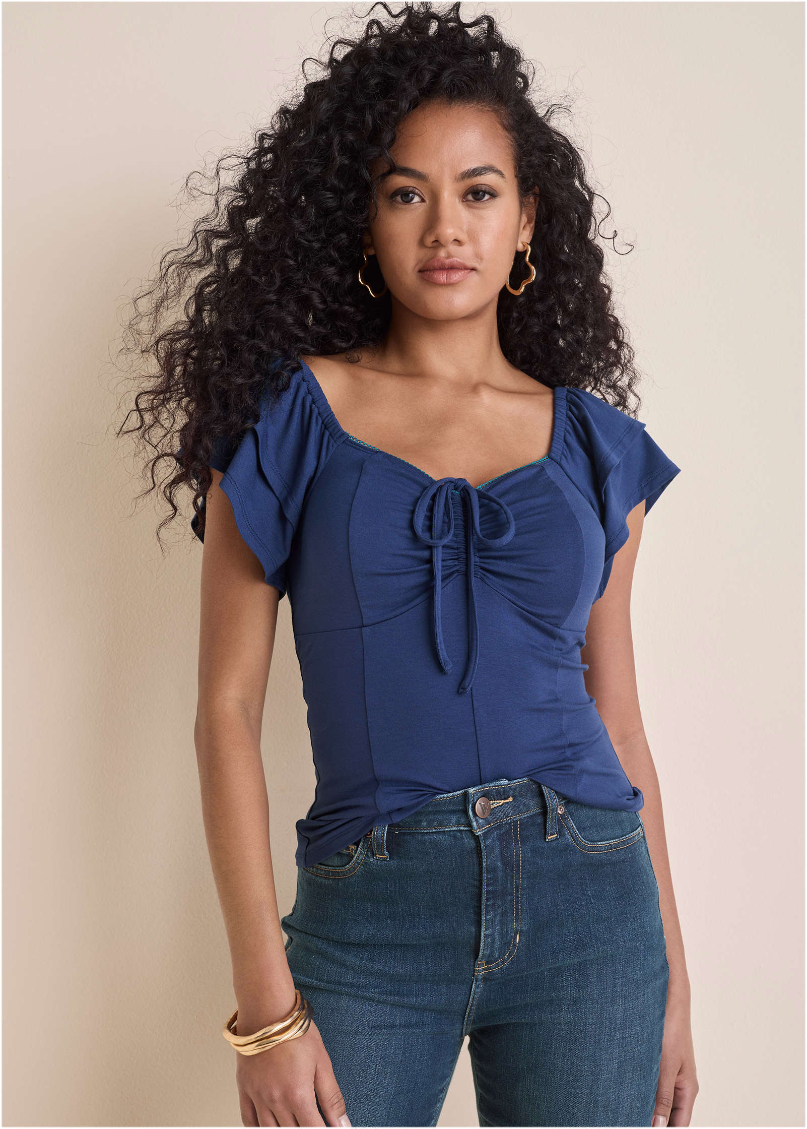 Venus Ruffle Tie Front Short Sleeve Bellweather Blue – VENUS