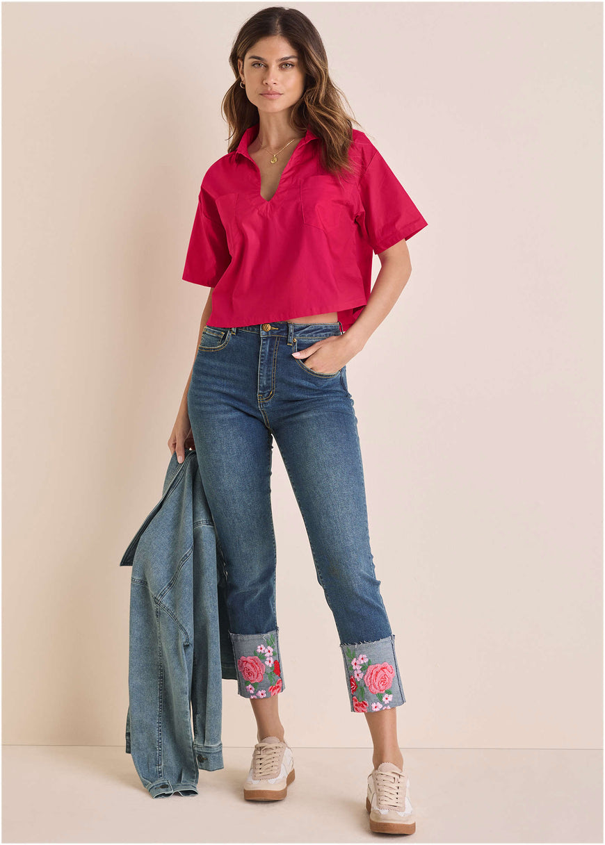 Embroidered Crop Jean - Medium Wash