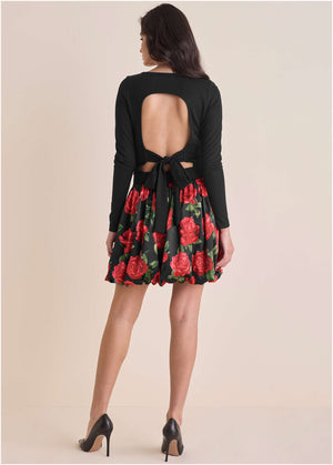 Long Sleeve Bubble Hem Mini - Antique Roses - thumbnail-3