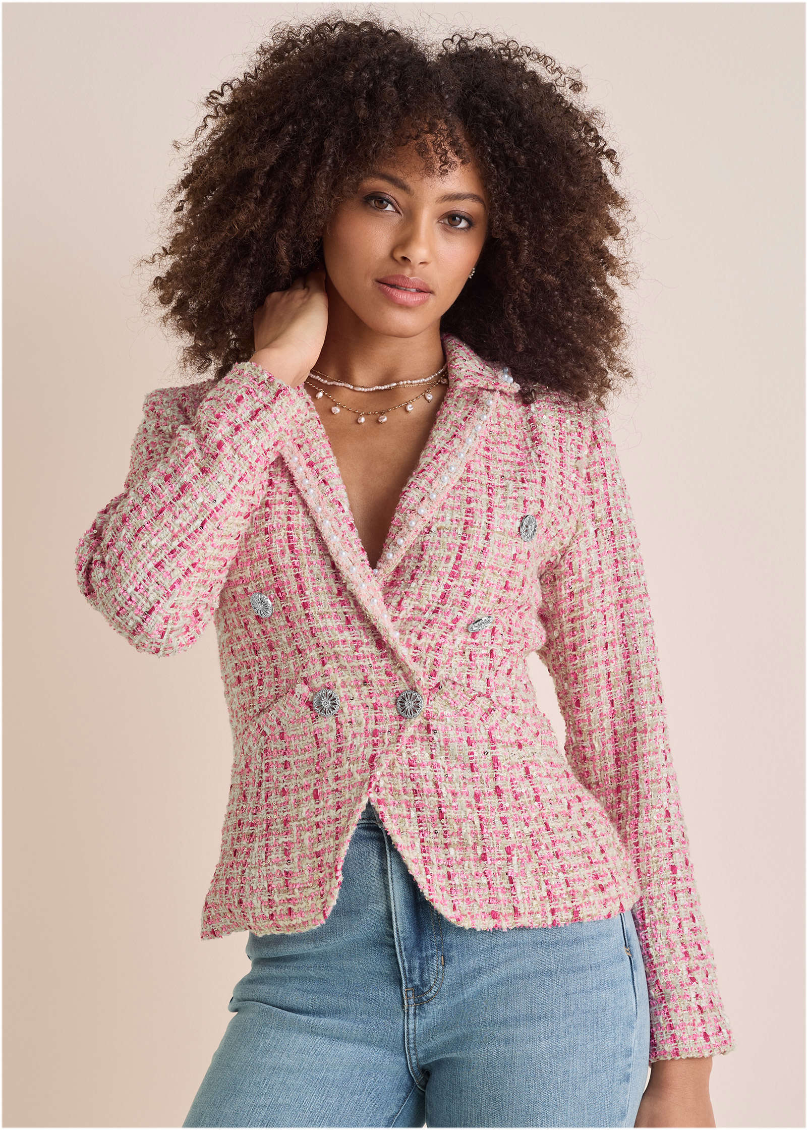 Sparkle Tweed Blazer - Pink Multi – Venus Fashion