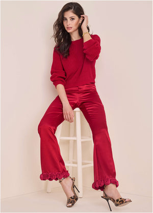 Rose Trim Trouser - Dark Red - thumbnail-1