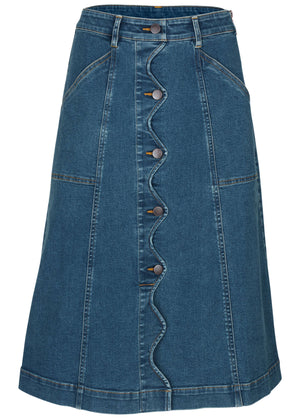Wavy Denim Midi Skirt - Medium Wash - thumbnail-2
