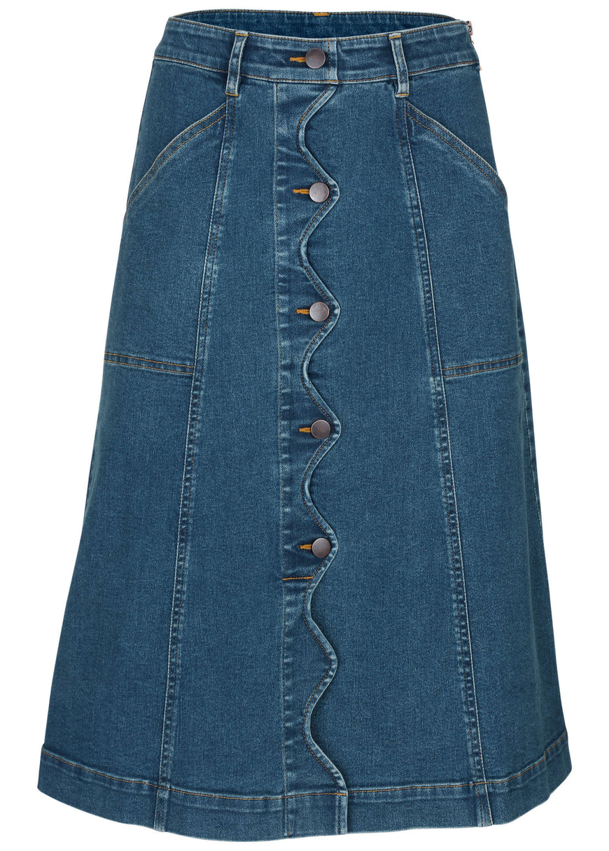 Wavy Denim Midi Skirt - Medium Wash