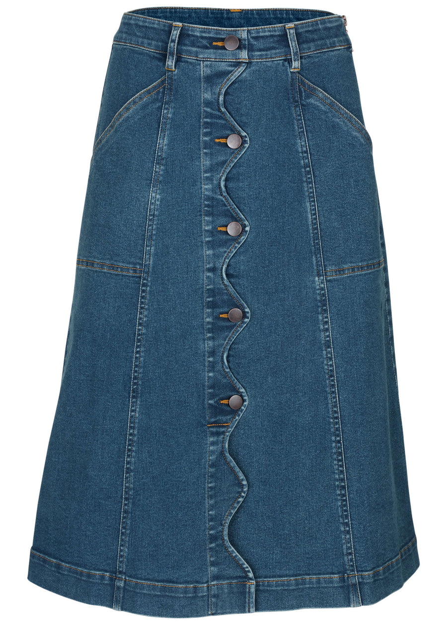 Wavy Denim Midi Skirt - Medium Wash