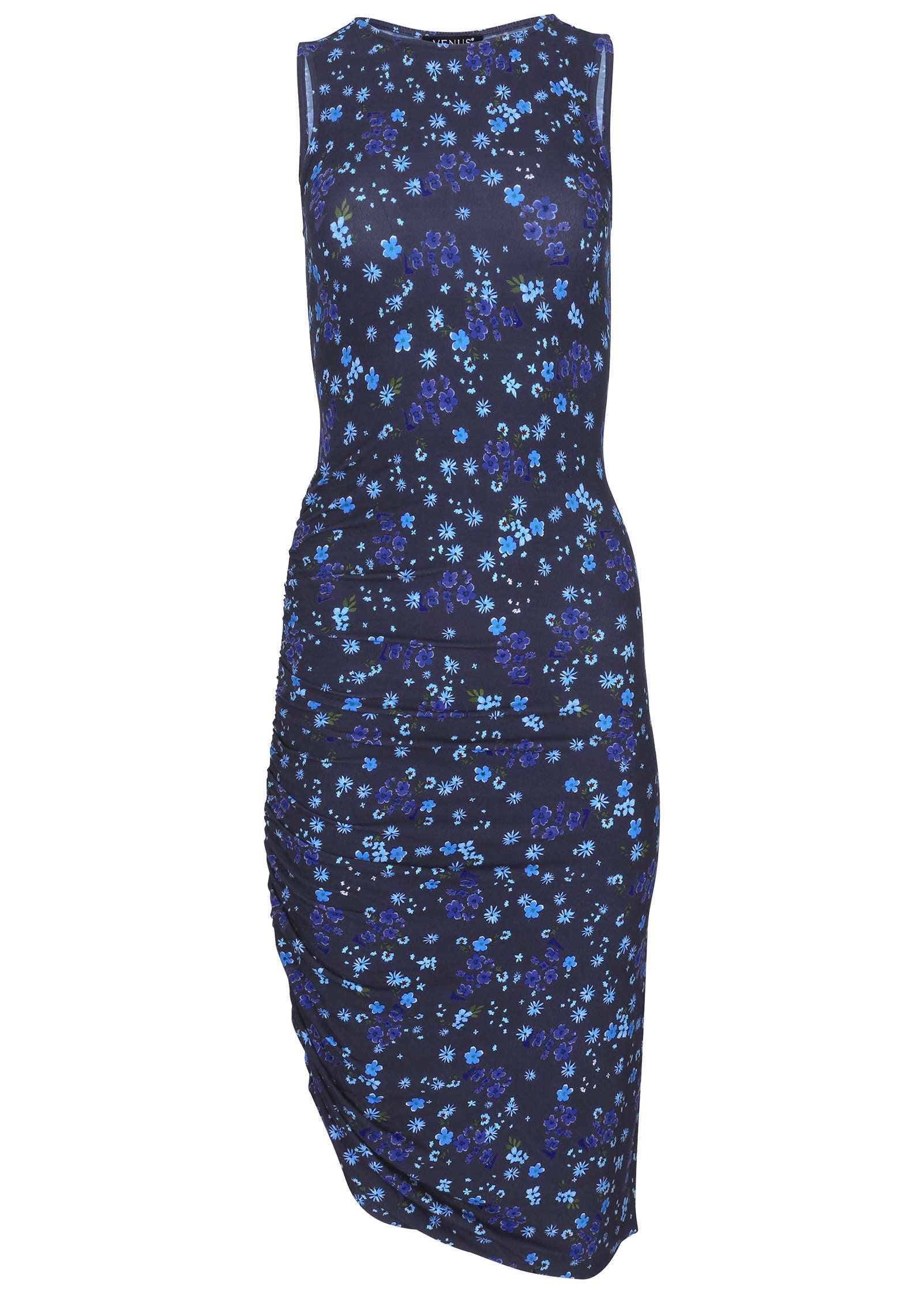 Side Ruched Midi Dress - Lovely Ditsy Blue – VENUS