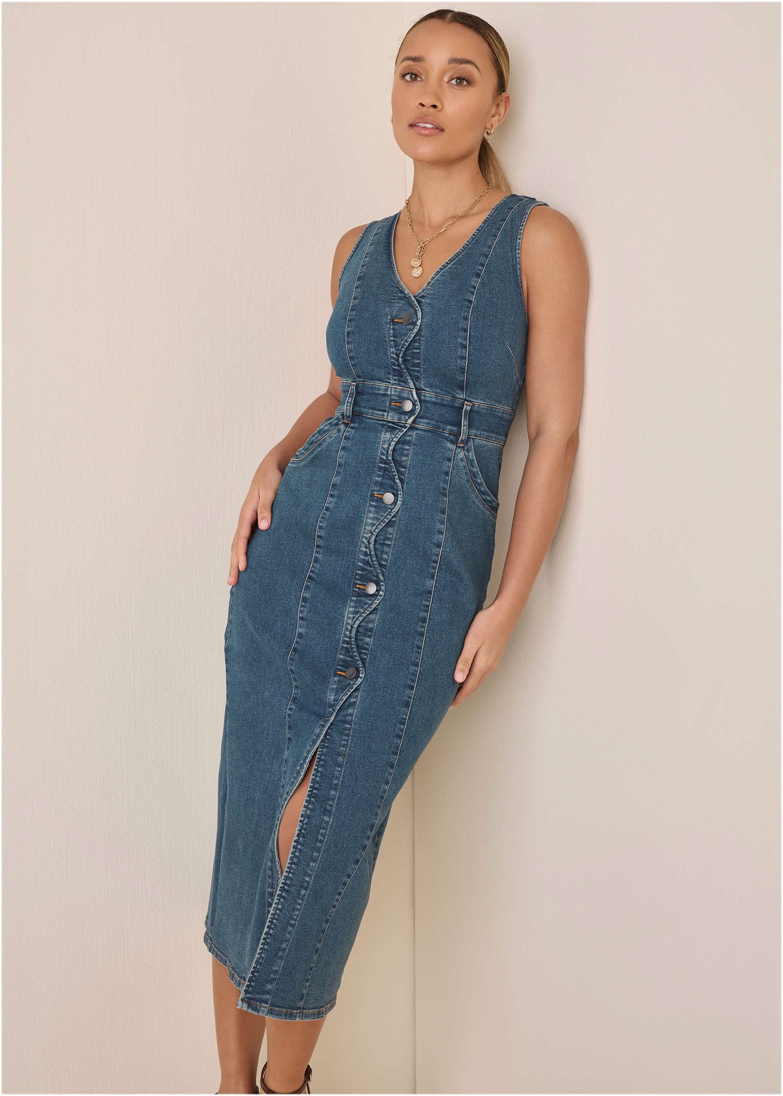 Denim Wave Maxi Dress - Medium Wash