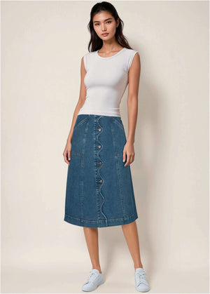 Wavy Denim Midi Skirt - Medium Wash - thumbnail-1