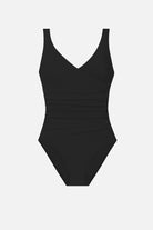 Black one-piece swimsuit with a v neckline