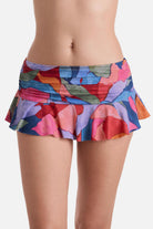 Front view of multicolored abstract skirted swim bottoms