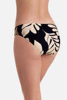 Back of large black and tan palm leaf printed swim bottoms