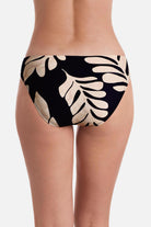 Back of large black and tan palm leaf printed swim bottoms