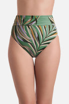 Front view of multicolored leaf printed high waisted swim bottoms