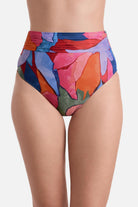Front view of high waisted multicolored abstract printed swim bottoms